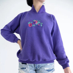 Vintage Lady Footlocker Purple  Floral Half Zip Long Sleeve Sweater Med